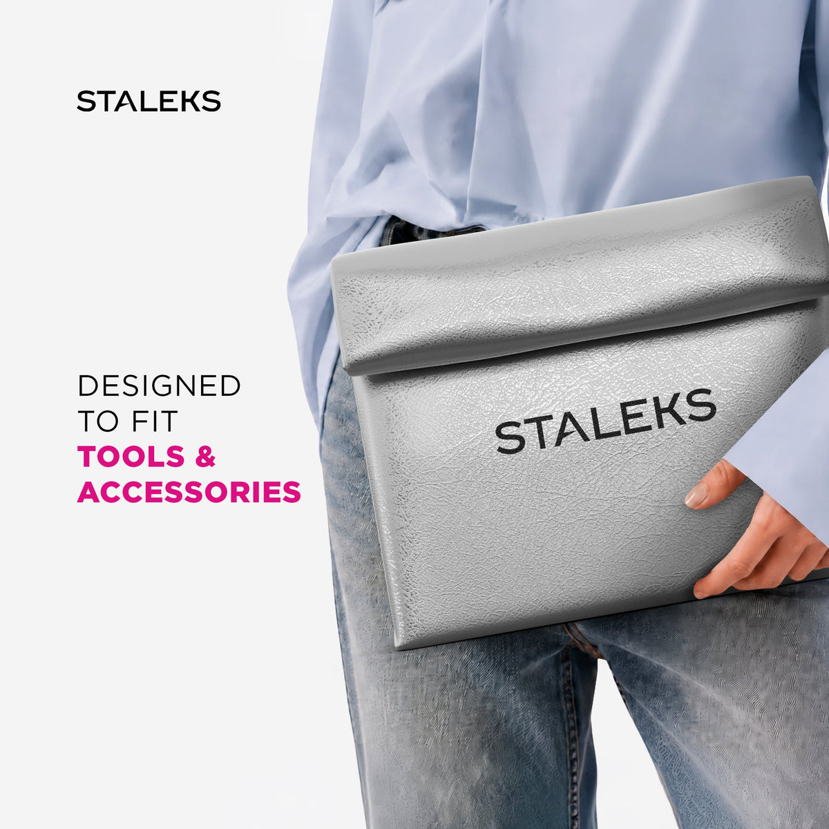 STALEKS Cosmetic bag silver eco-leather, size L